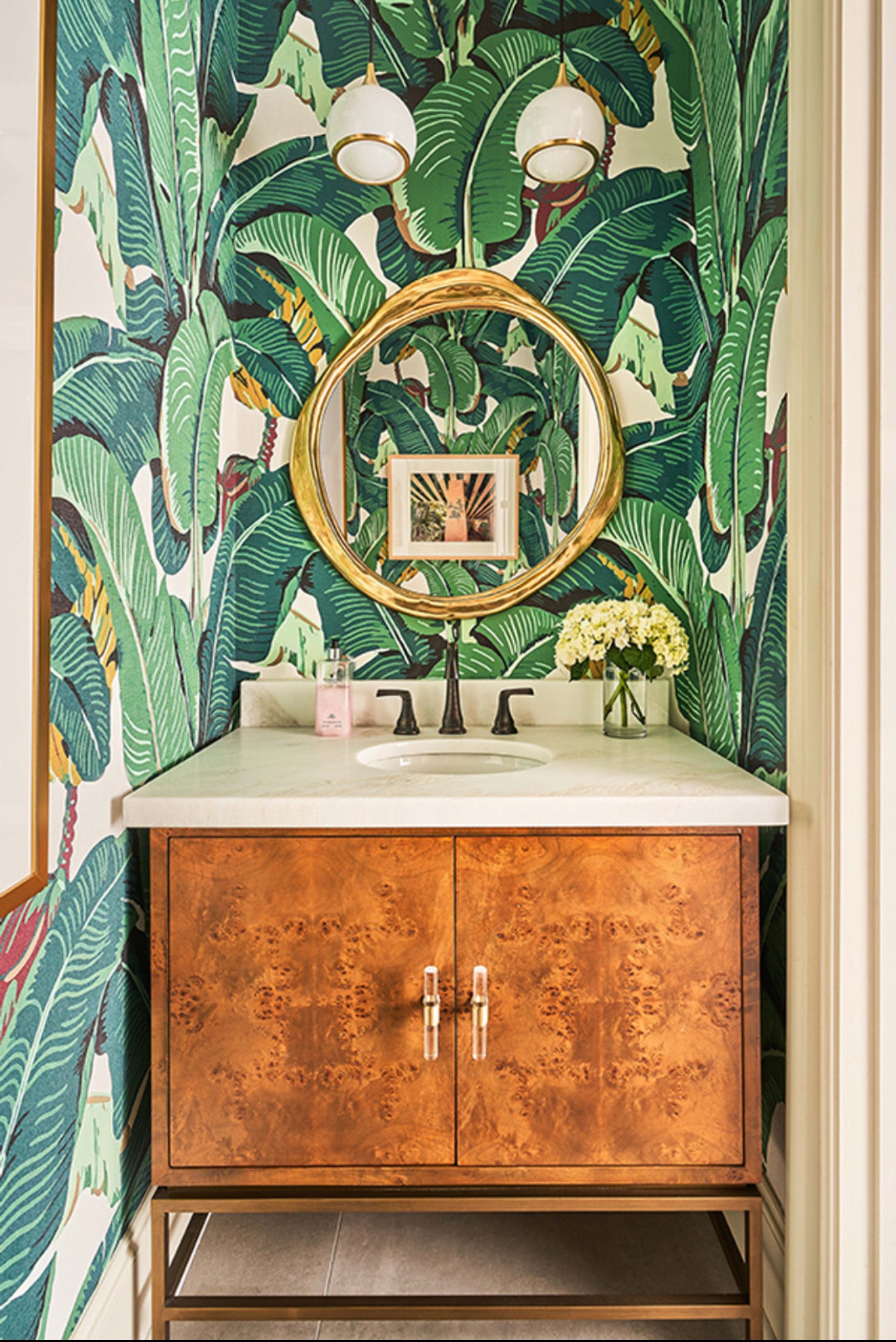 Clifford Bath Vanity – Dark Burl Wood & White Marble Top - Urban Ashram