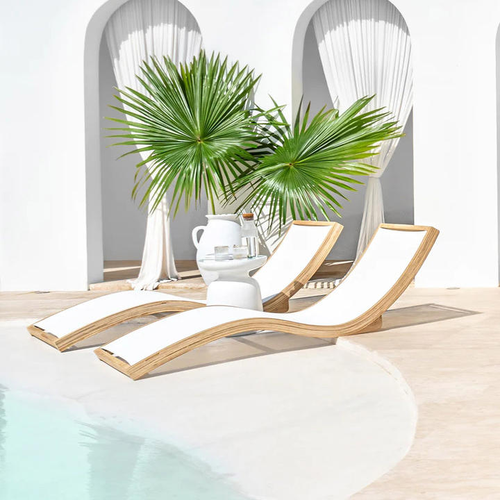 New Fashion Pool Side Chaise Daybed Teak and Outdoor Fabric Sling Seat Curved Sun Loungers