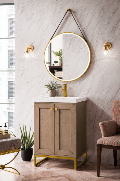 Chianti 24" Single Vanity, Whitewashed Walnut, Radiant Gold, With White Glossy Composite Stone Top - Urban Ashram