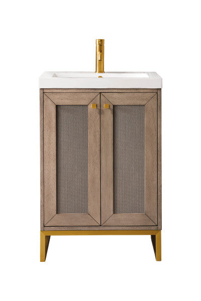 Chianti 24" Single Vanity, Whitewashed Walnut, Radiant Gold, With White Glossy Composite Stone Top - Urban Ashram