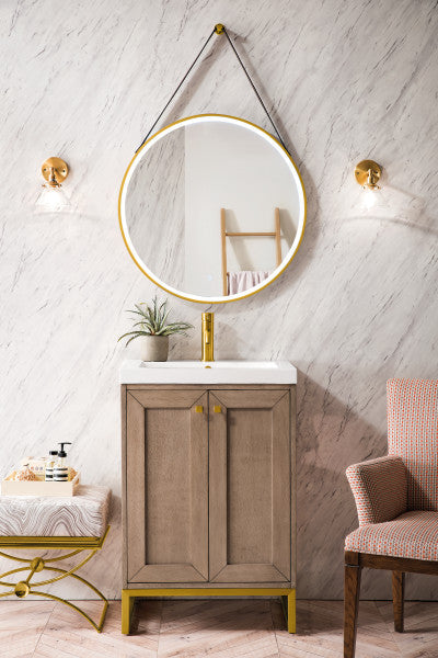 Chianti 24" Single Vanity, Whitewashed Walnut, Radiant Gold, With White Glossy Composite Stone Top - Urban Ashram