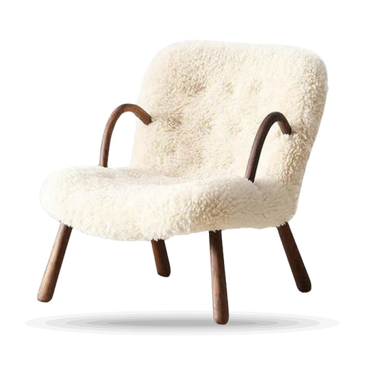 Clam Sheepskin Lounge Chair & Ottoman on white background