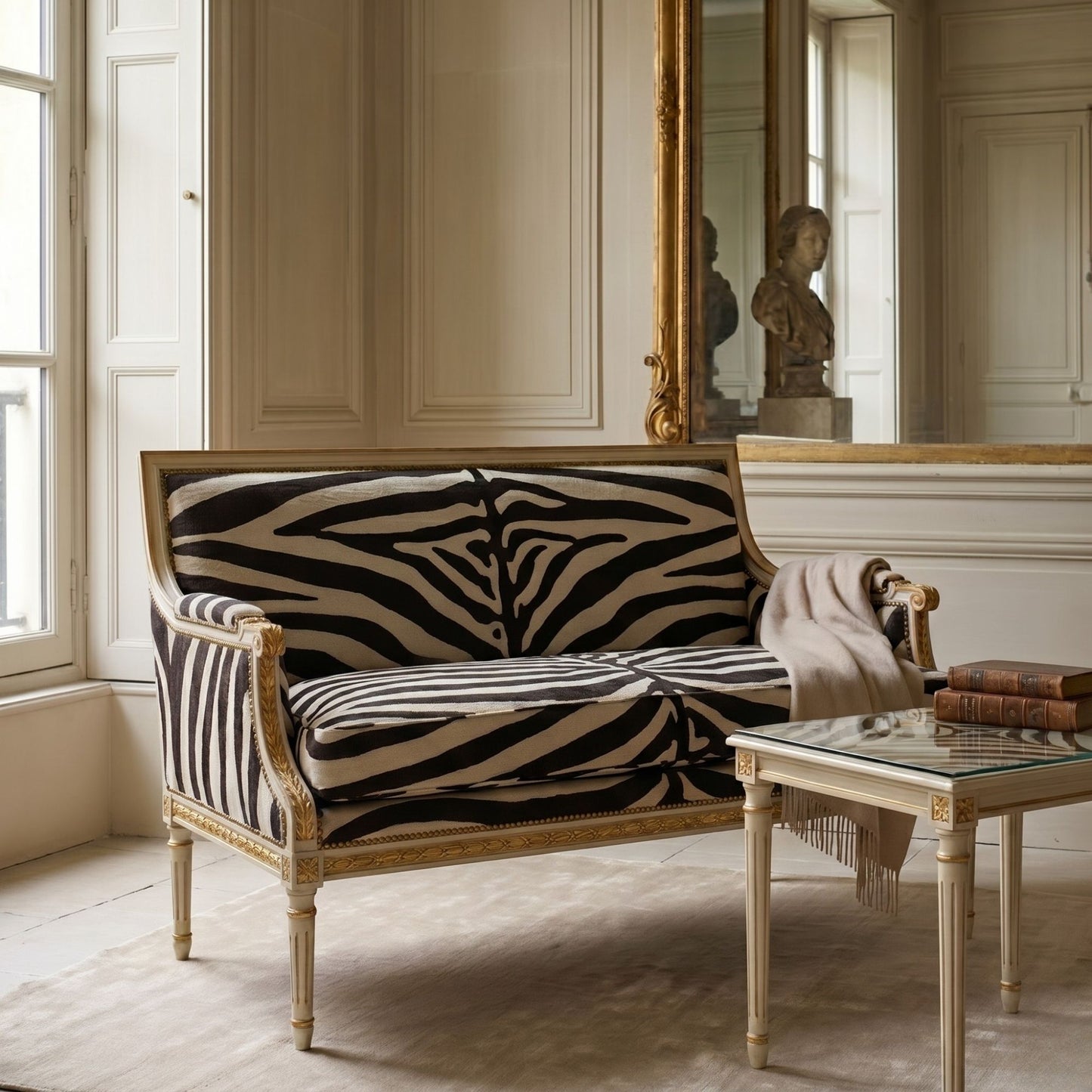 Zebra-patterned sofa in a stylish room with a mirror and books on a table.