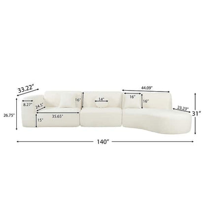 140" Modern Curved Sectional Sofa with High-Density Fully Compressed Sponge and Chaise Lounge, 3-Piece Set