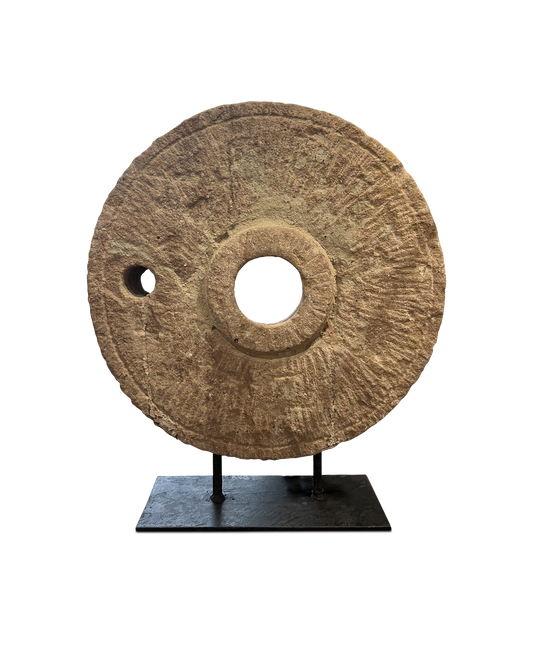 Decorative Stone Wheel on Stand - Unique Artisanal Accent - Urban Ashram