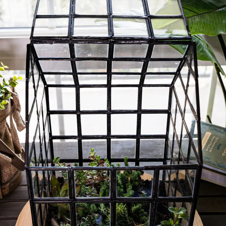 Lattice House Glass Terrarium Modern Greenhouse Planter – lifestyle setting