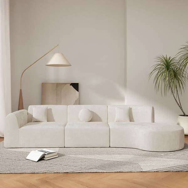 140” Modern Curved Sectional Sofa with Chaise – Sculptural Comfort in Ivory Chenille