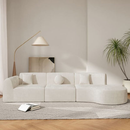 140” Modern Curved Sectional Sofa with Chaise – Sculptural Comfort in Ivory Chenille