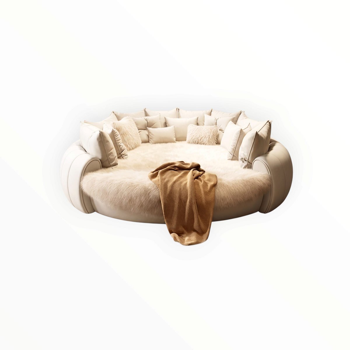 Urban Ashram Dream Lounger Luxe circular movie bed in cream velvet with plush faux fur cushions and a tan throw blanket