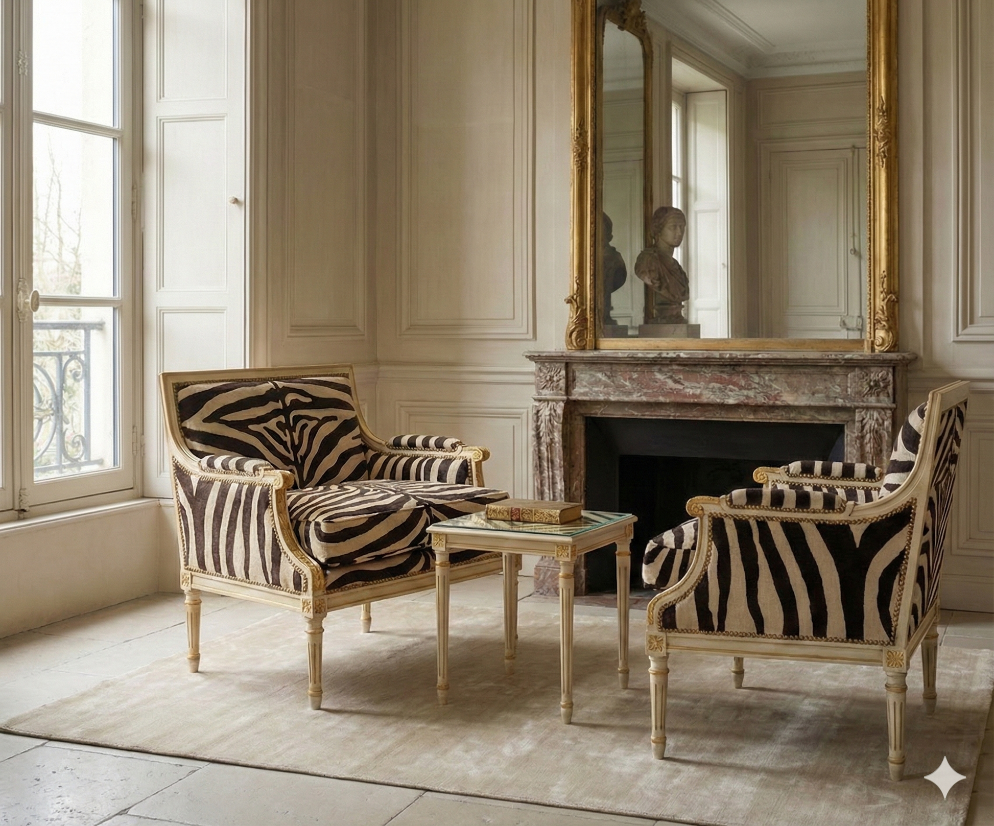 Two zebra-patterned chairs in a room with a fireplace and large mirror.