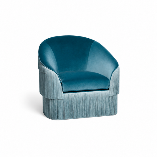 Atelier Fringe Armchair in teal velvet, centered with balanced white space