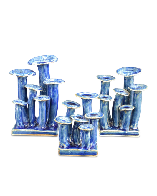 Wild Blue Ceramic Mushroom Sculptures - Set of 3 Decorative Accents - Urban Ashram