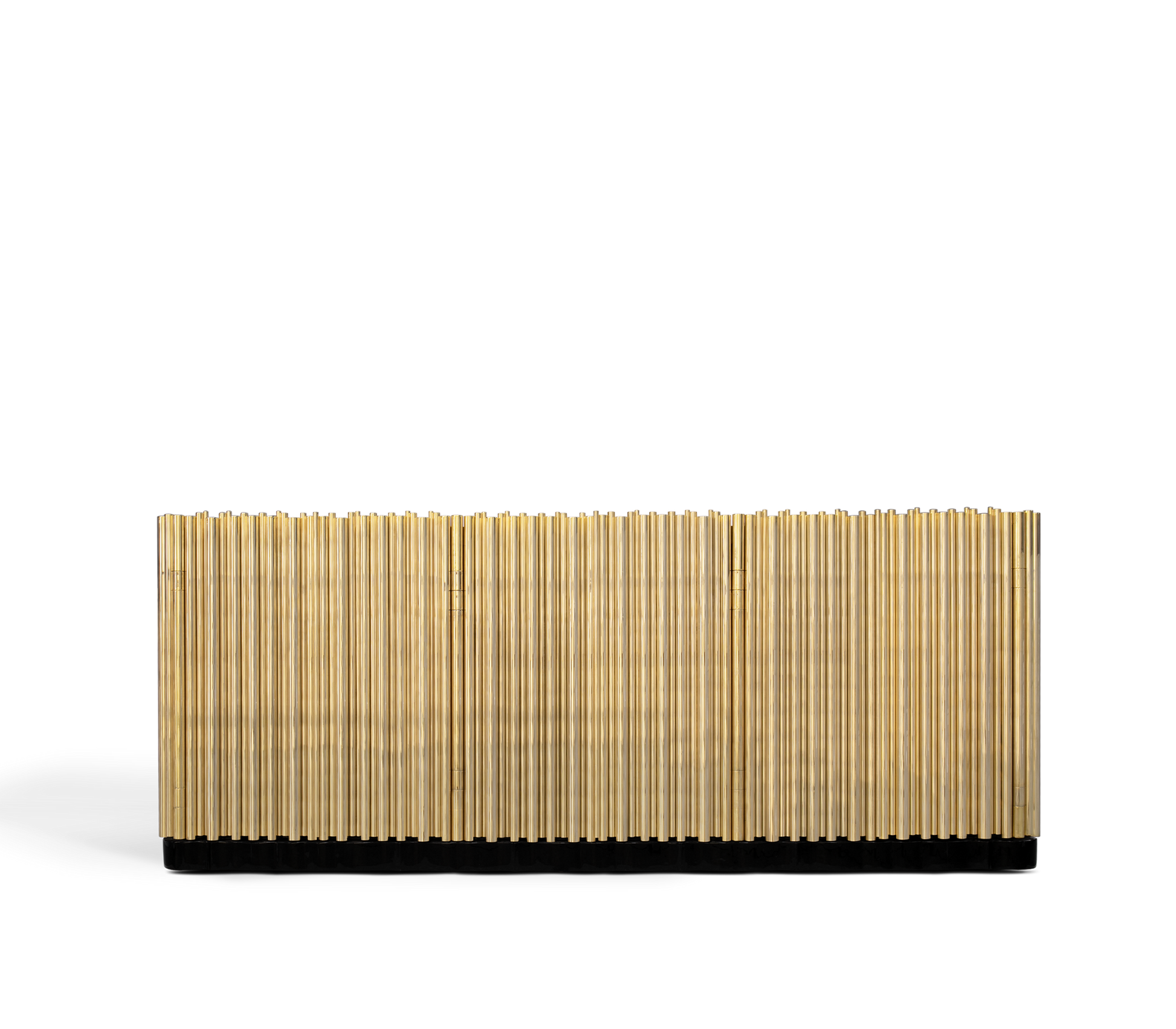 Symphony Contemporary Sideboard in gold with vertical ribbed panels, organ-pipe inspired storage piece.