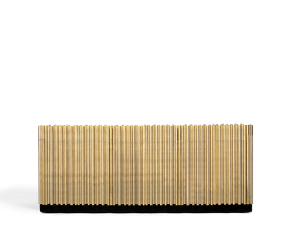 Symphony Contemporary Sideboard in gold with vertical ribbed panels, organ-pipe inspired storage piece.