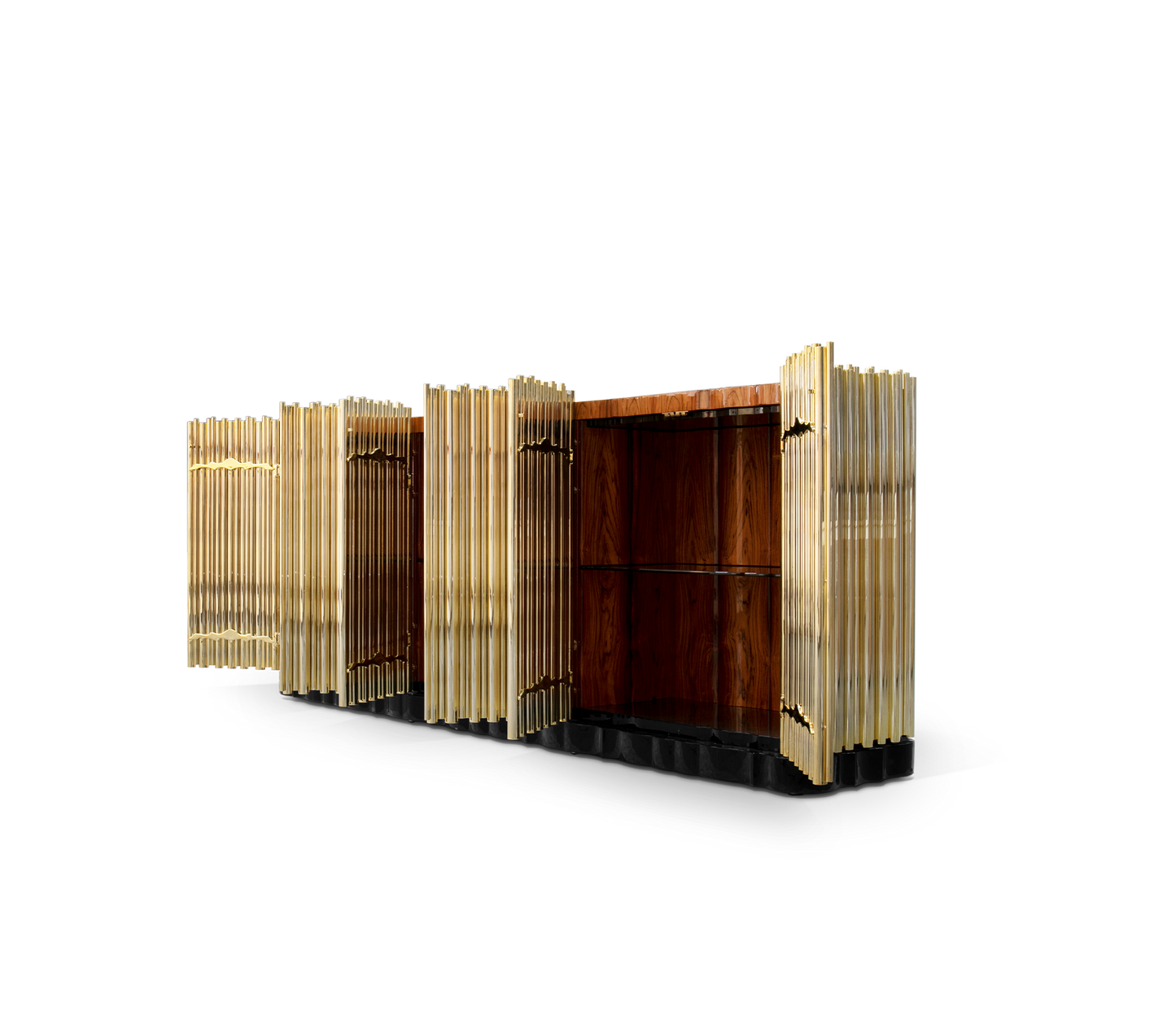 Symphony Contemporary Sideboard with gold organ-pipe facade and dark wood interior shelving.