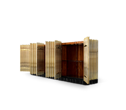 Symphony Contemporary Sideboard with gold organ-pipe facade and dark wood interior shelving.