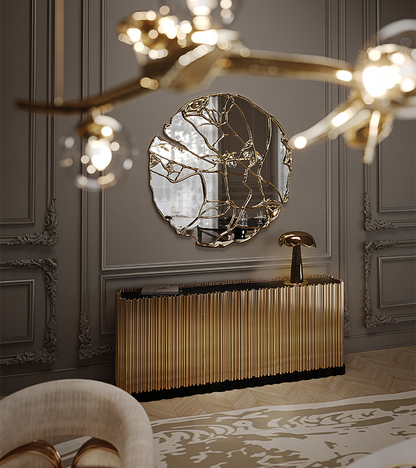 Symphony Contemporary Sideboard with organ-pipe inspired gold ribs in a luxe living room