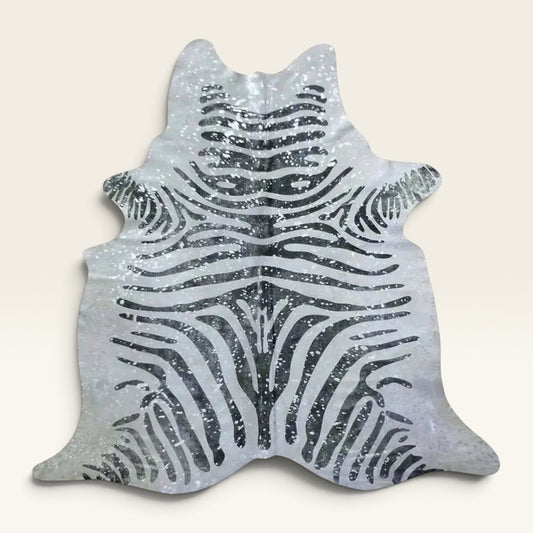 Silver Splash Zebra Cowhide Hand-Finished Metallic Hide Rug