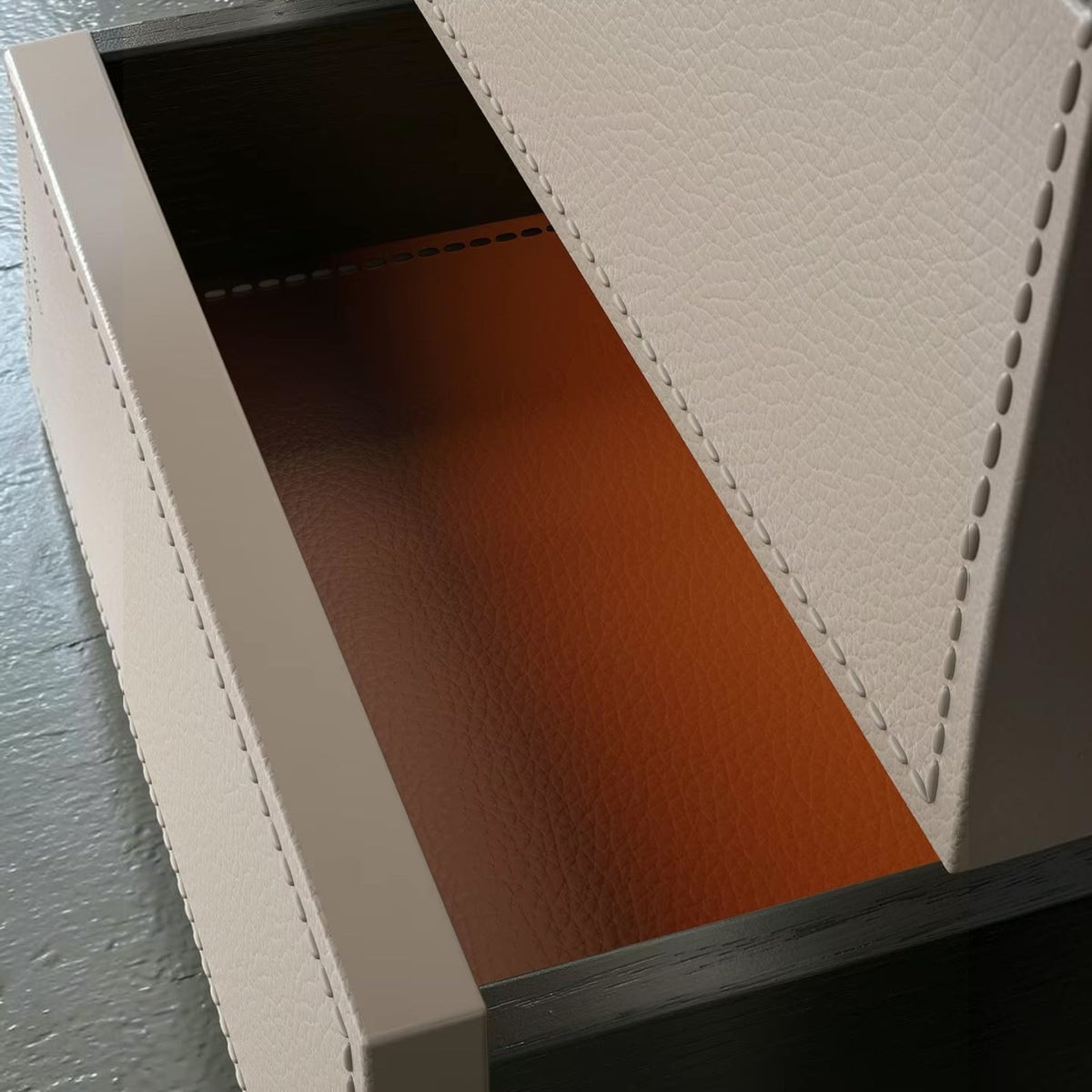 Urban Ashram Arden executive desk drawer featuring cream saddle leather exterior with contrast orange leather lining