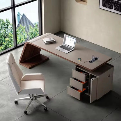 Urban Ashram Arden saddle leather executive desk with curved wooden base, integrated storage, and charging station.