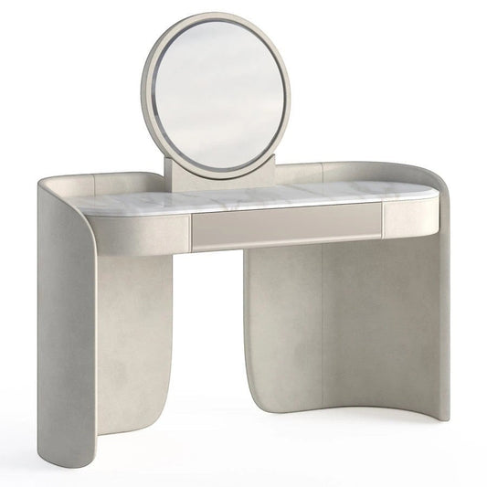 Urban Ashram Aveline vanity with pink-veined marble top, curved beige frame, and circular mirror for a dressing room.