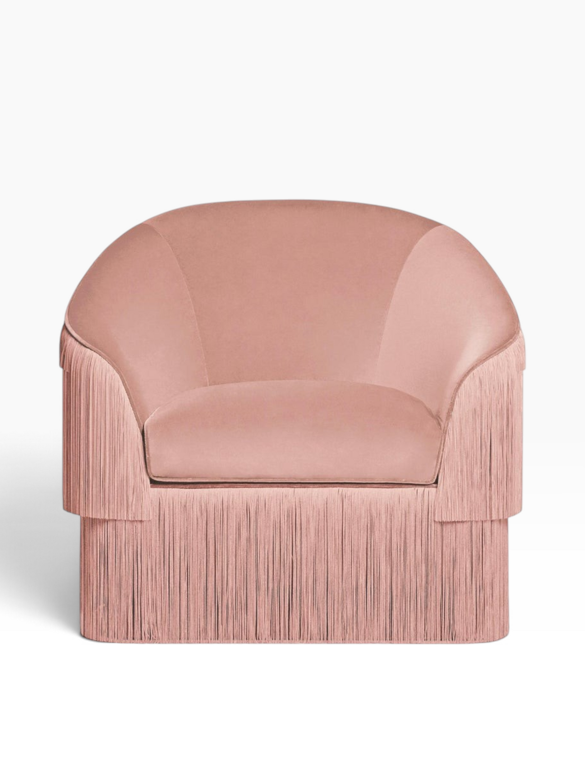 Urban Ashram Atelier Fringe Armchair in blush pink velvet with elegant cascading fringe detail and curved backrest.