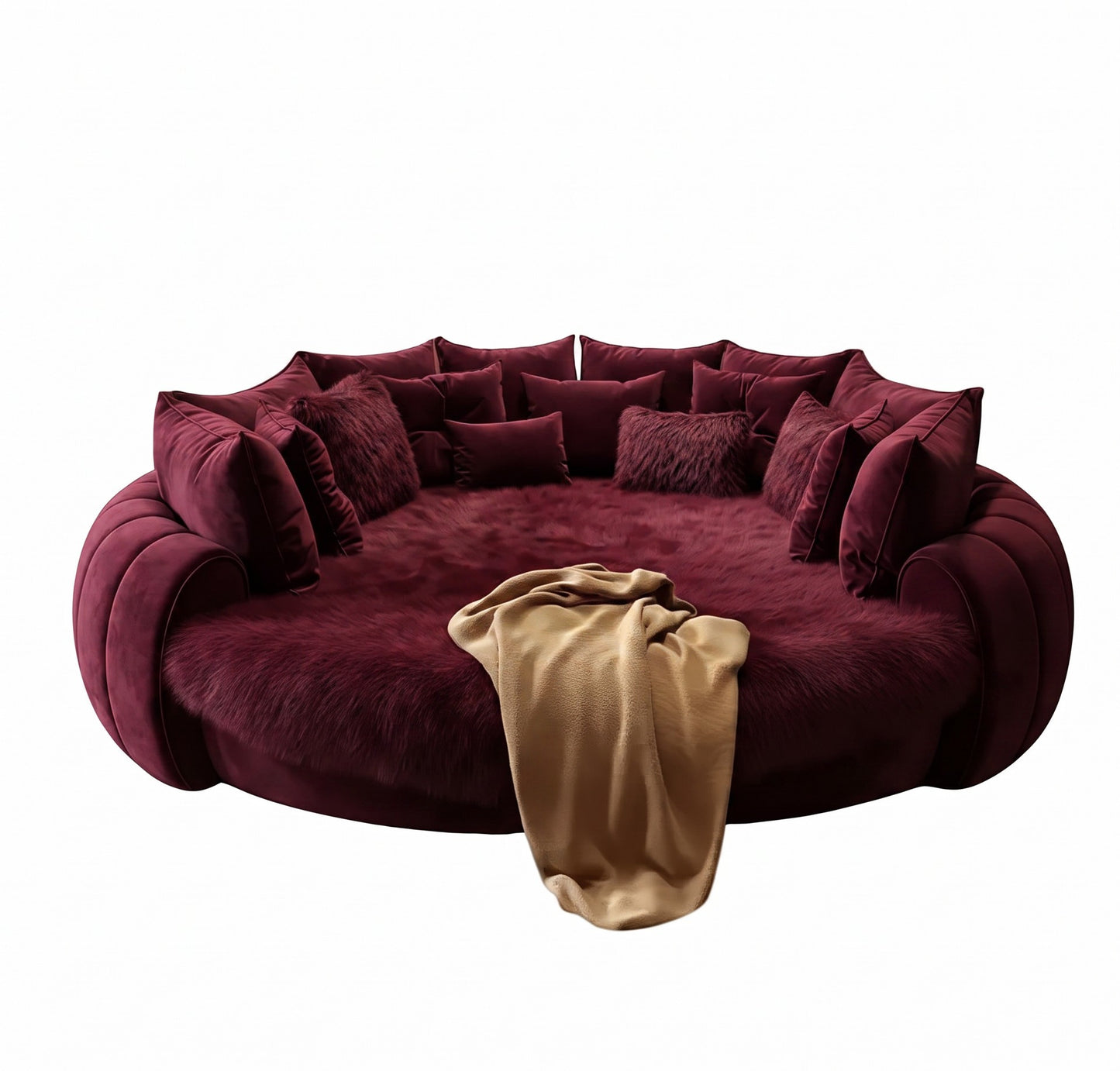 Urban Ashram Dream Lounger round movie bed in deep burgundy velvet with plush faux fur and a draped beige throw.