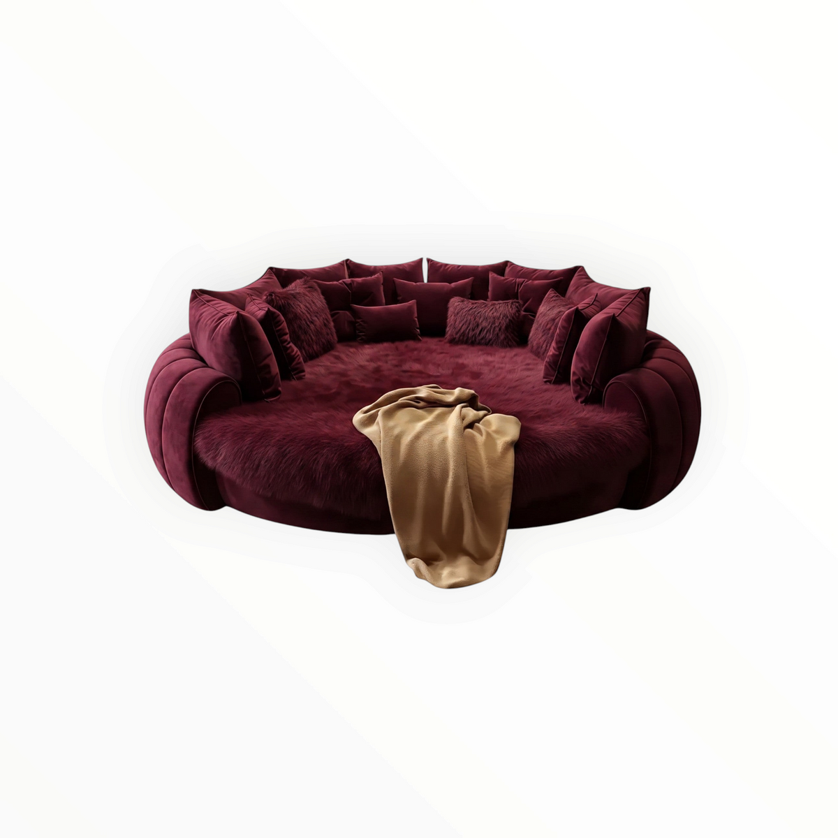 Urban Ashram Dream Lounger round movie bed in deep burgundy velvet with plush faux fur and a draped beige throw.
