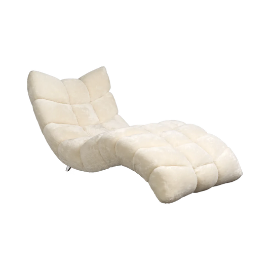 Urban Ashram Cloud 7 Chaise in white faux mohair with deep cassette tufting and an architectural asymmetric design.