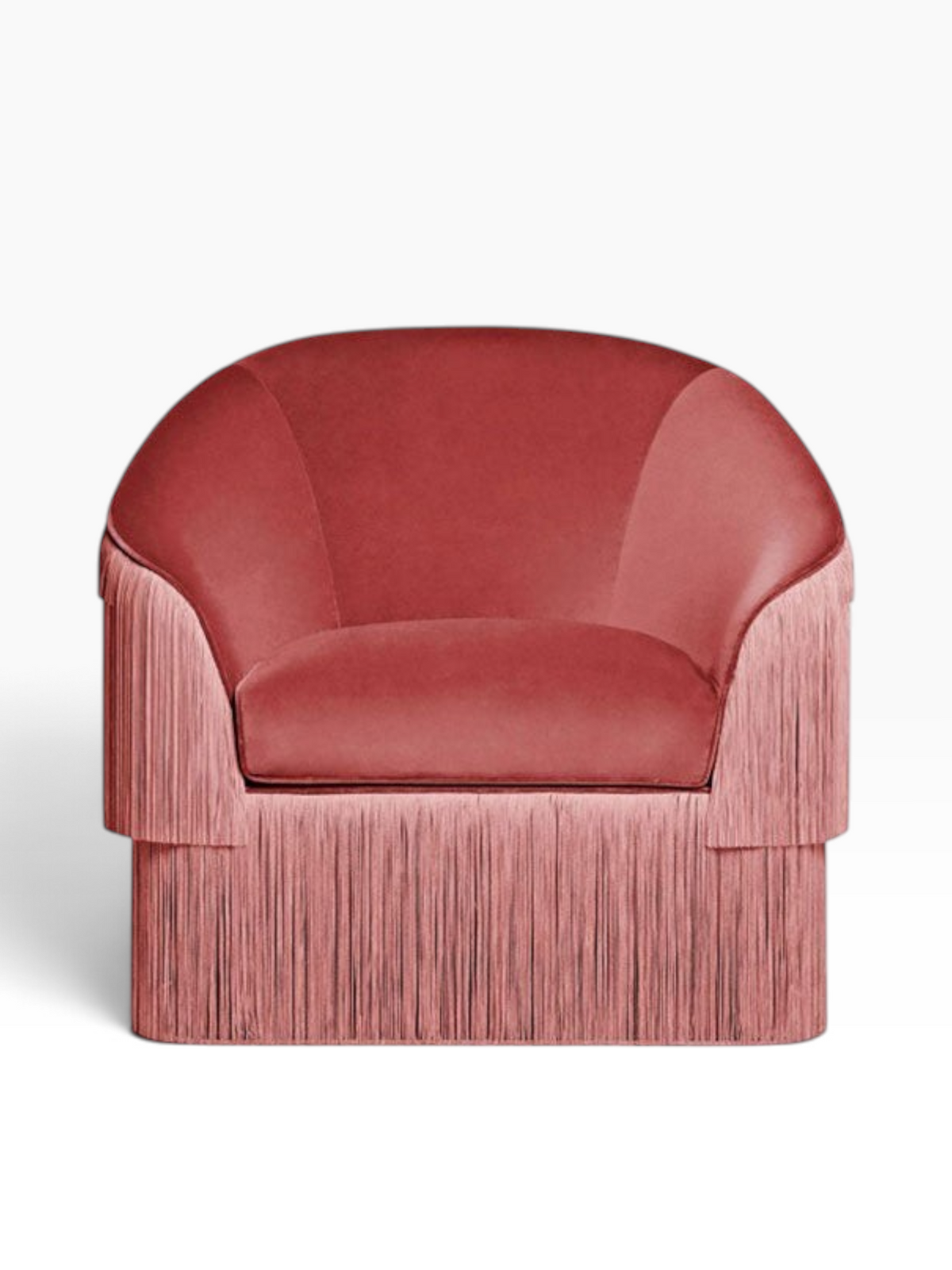 Urban Ashram Atelier fringe armchair in dusty rose velvet with a curved backrest and cascading side fringe detail.