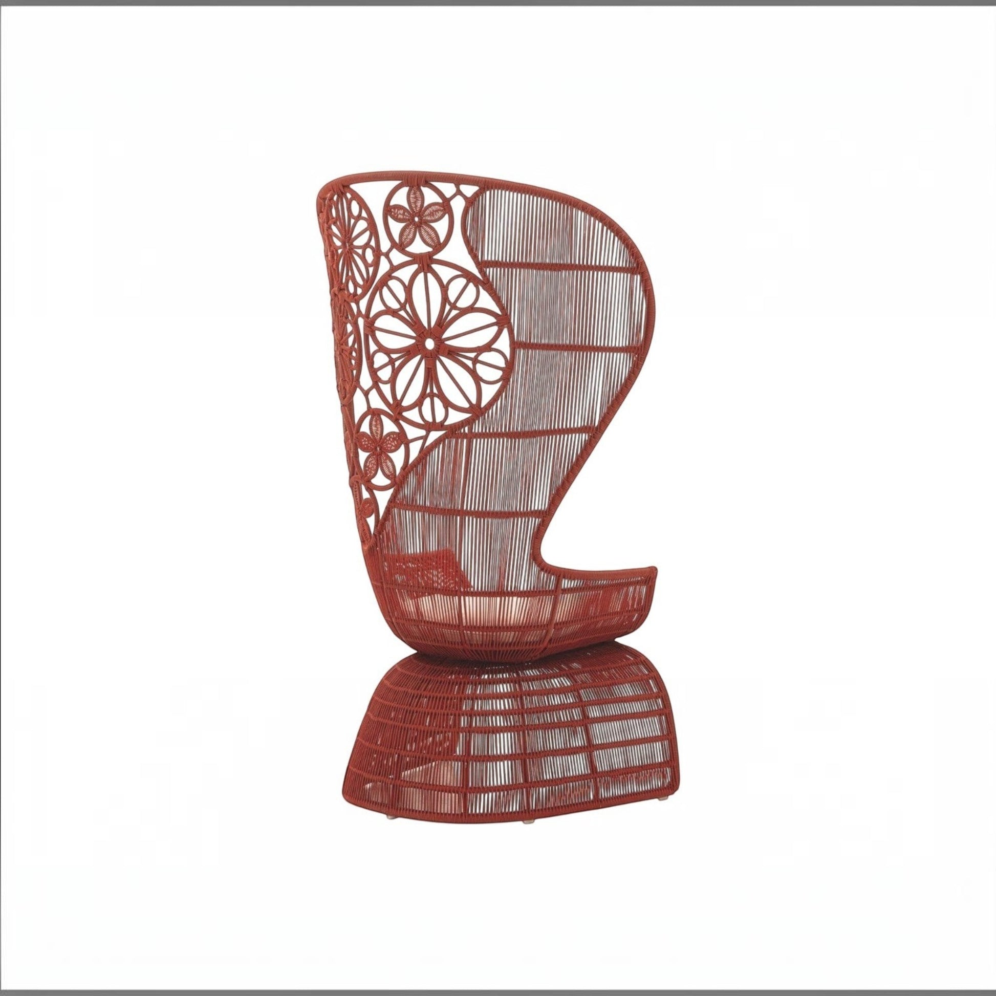 Urban Ashram Genevieve high-back armchair in terracotta with a decorative woven floral backrest and cushioned seat.