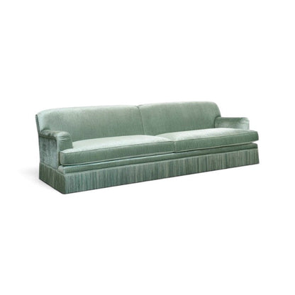 Urban Ashram vintage-style three-seat sofa in sage green velvet with elegant tassel fringe and rounded arms