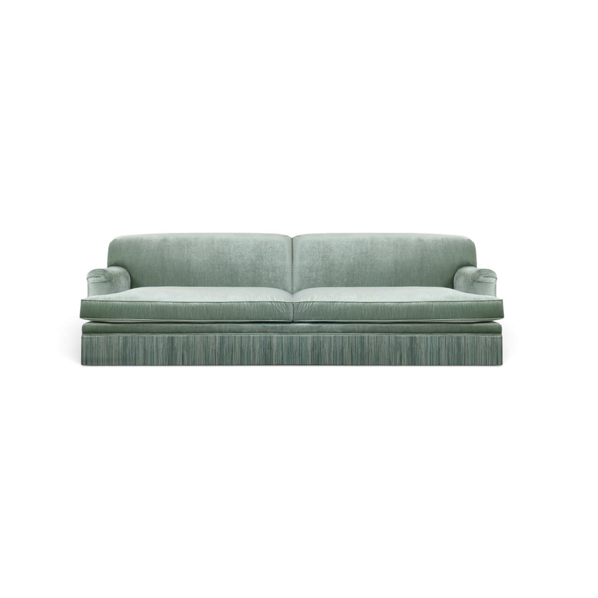 Urban Ashram vintage-style three-seat sofa in green velvet with elegant tassel fringe and rounded armrests.
