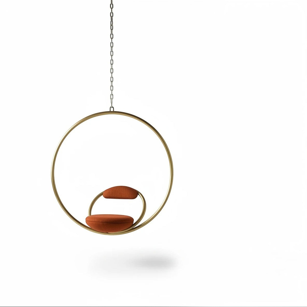 Urban Ashram Hanging Hoop Chair by Lee Broom featuring a brushed brass circular frame and red Kvadrat wool upholstery.