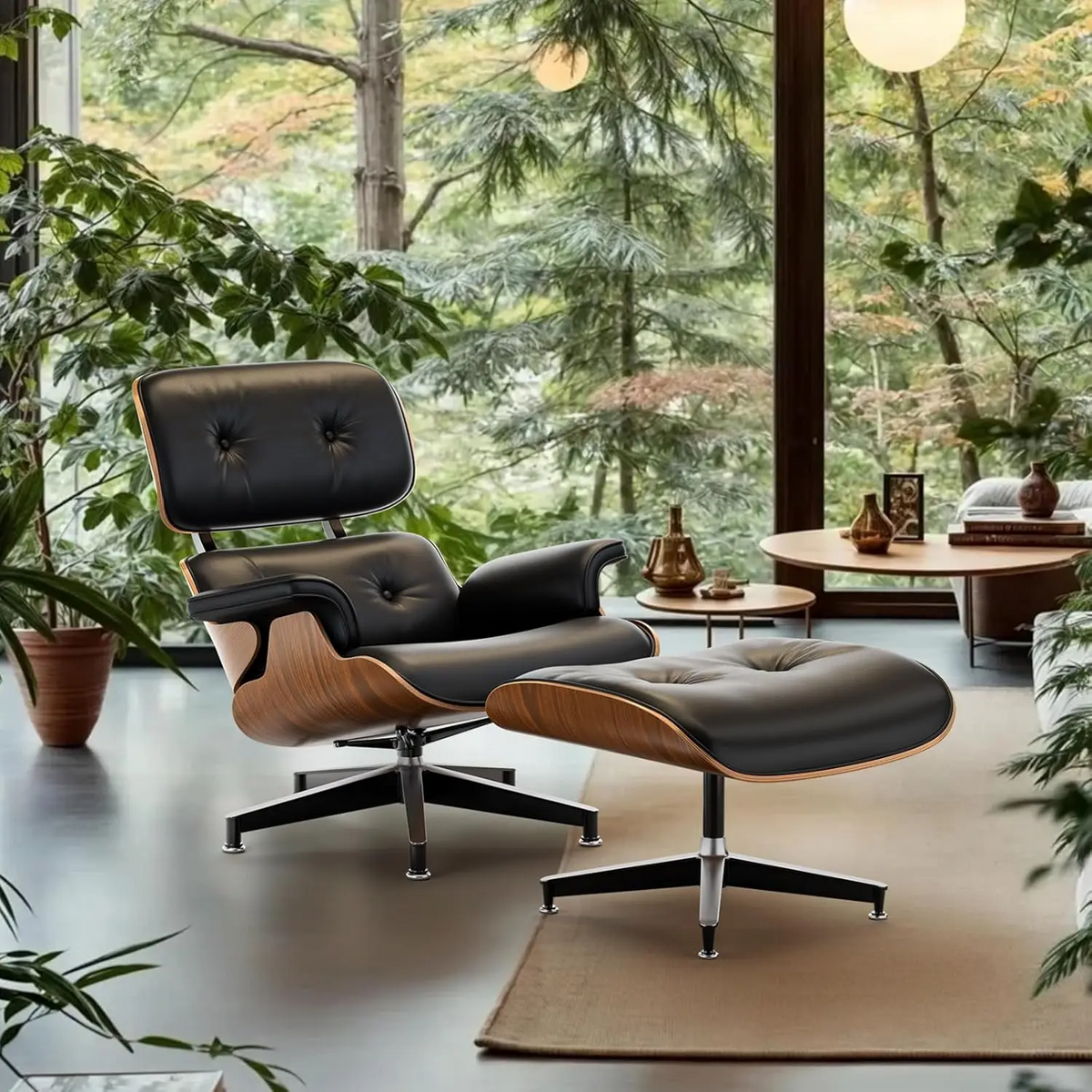 Urban Ashram mid-century lounge chair and ottoman with black leather upholstery and walnut wood shell in a sunlit room