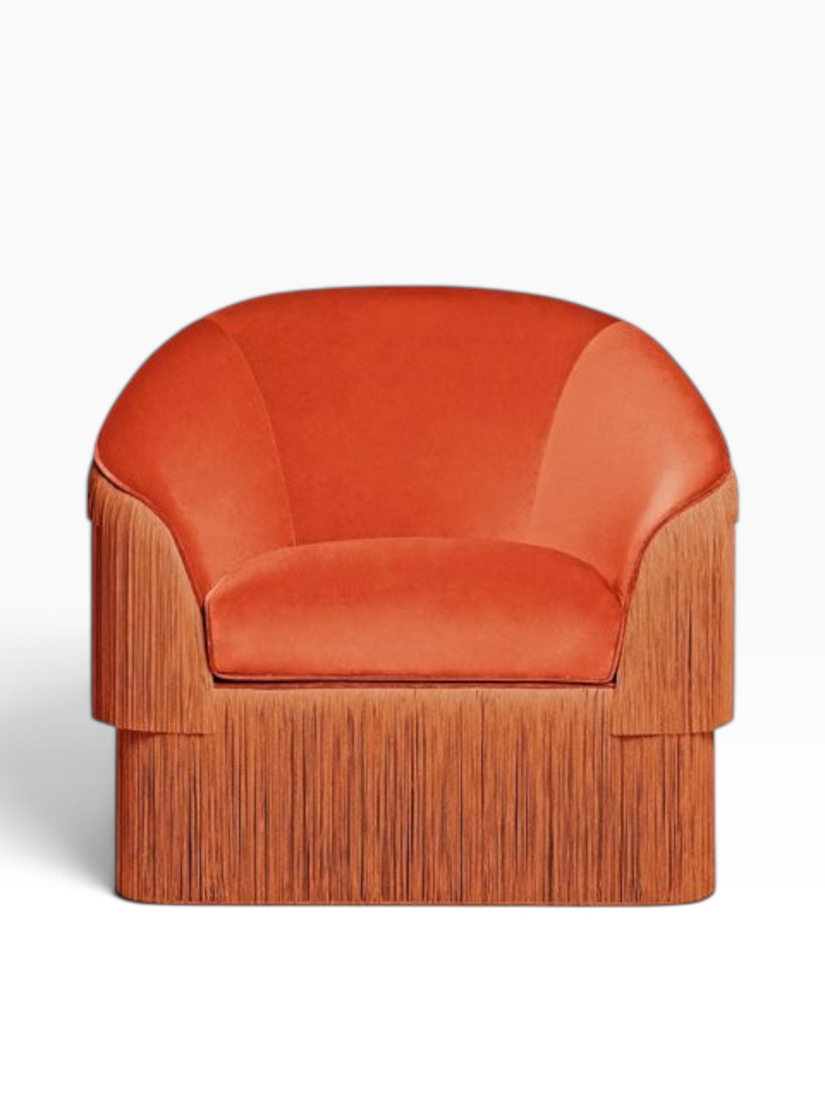 Urban Ashram Atelier fringe armchair in burnt orange velvet with a curved backrest and cascading side fringe detail.