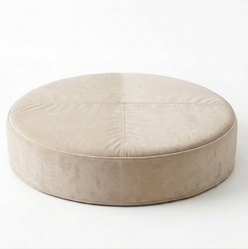 Urban Ashram Dream Lounger round beige performance velvet floor cushion with cross-stitched detailing