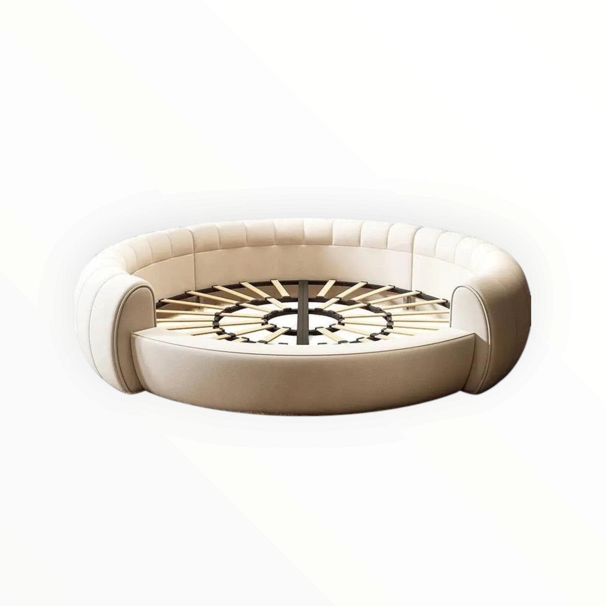 Urban Ashram round Dream Lounger movie bed in cream fabric with a tufted frame and exposed wooden slat base.