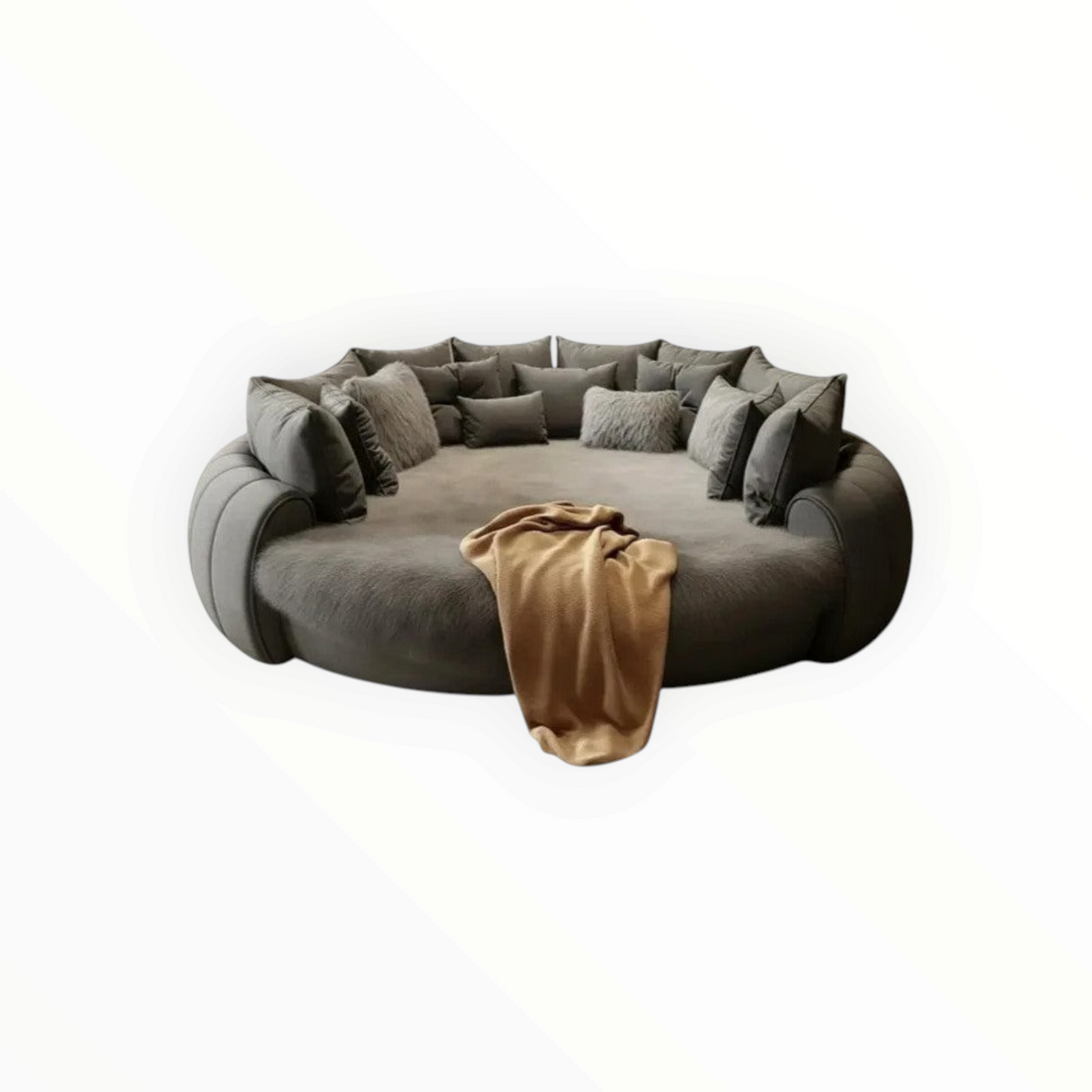 Urban Ashram Dream Lounger round movie bed in grey with plush cushions and a soft tan throw blanket.