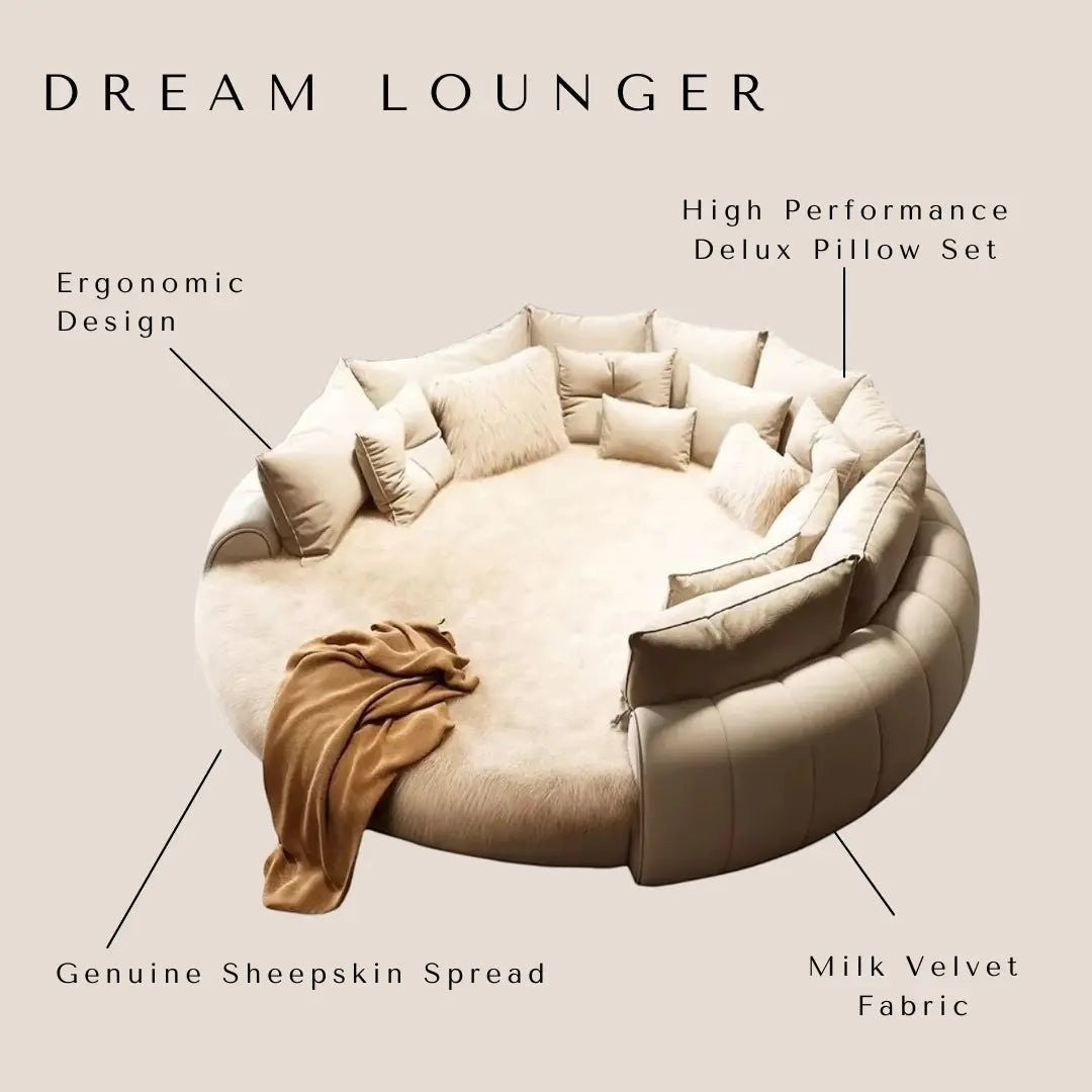 Urban Ashram Dream Lounger round movie bed with milk velvet fabric, genuine sheepskin spread, and plush pillow set.