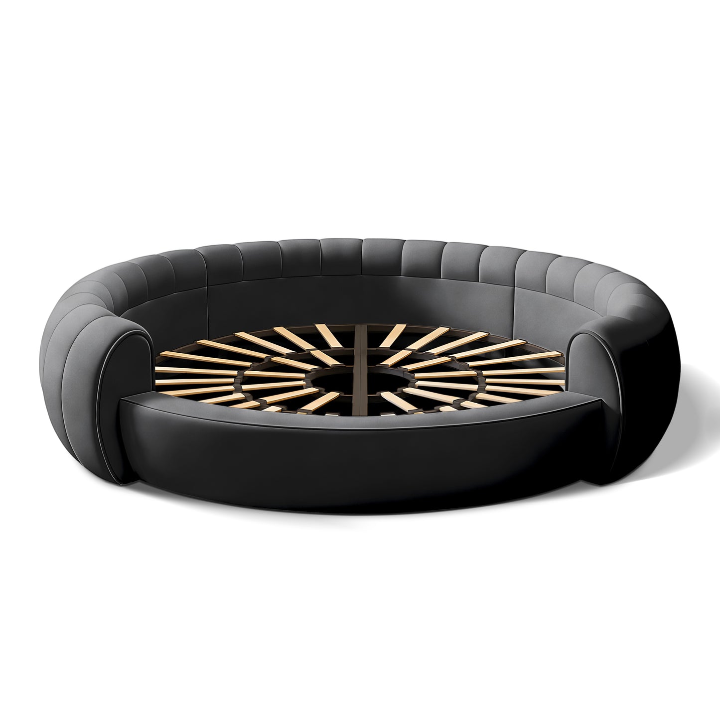 Urban Ashram Dream Lounger round movie bed featuring a dark grey upholstered frame and a circular wooden slat base.