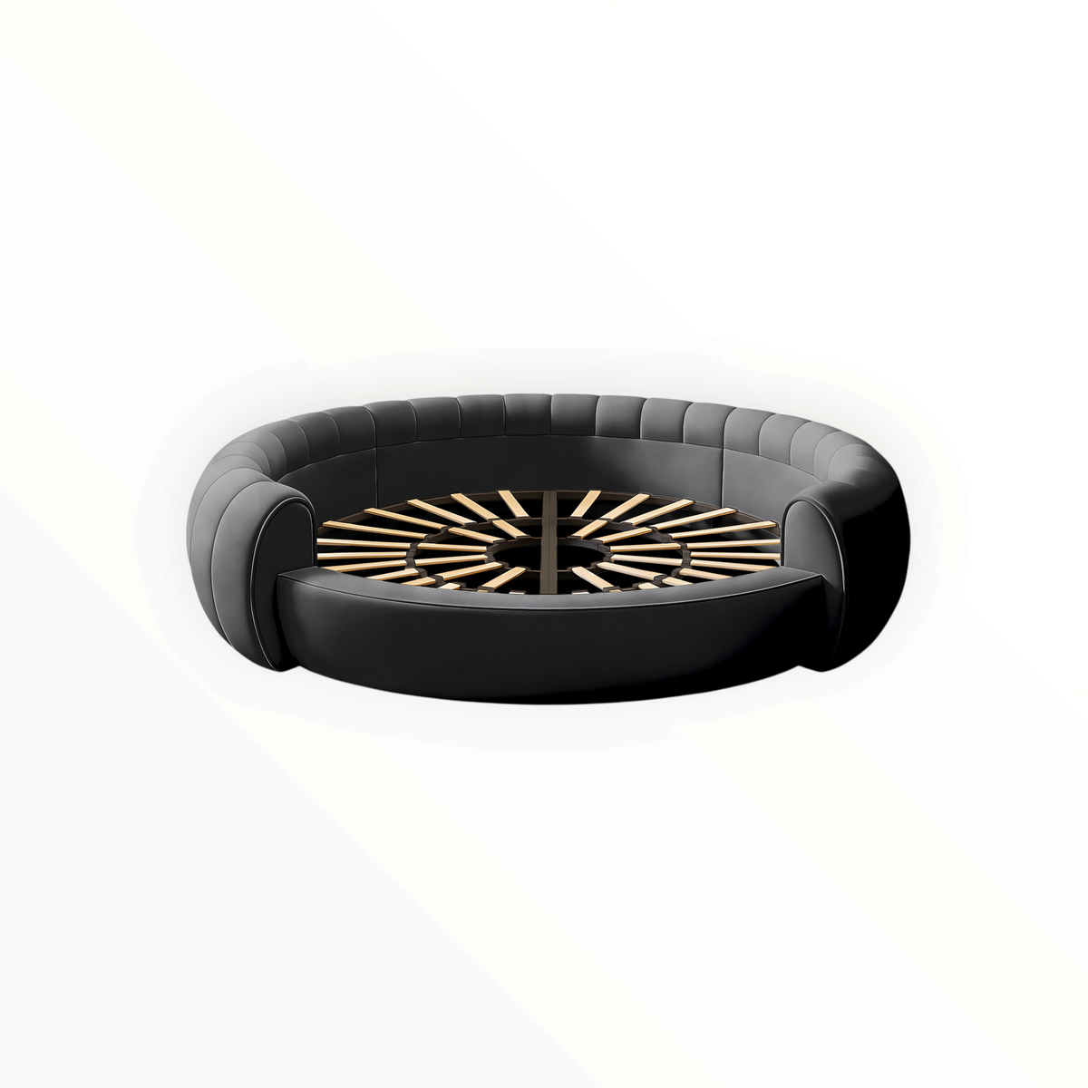Urban Ashram Dream Lounger round movie bed featuring a dark grey upholstered frame and a circular wooden slat base.