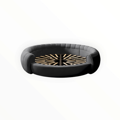 Urban Ashram Dream Lounger round movie bed featuring a dark grey upholstered frame and a circular wooden slat base.