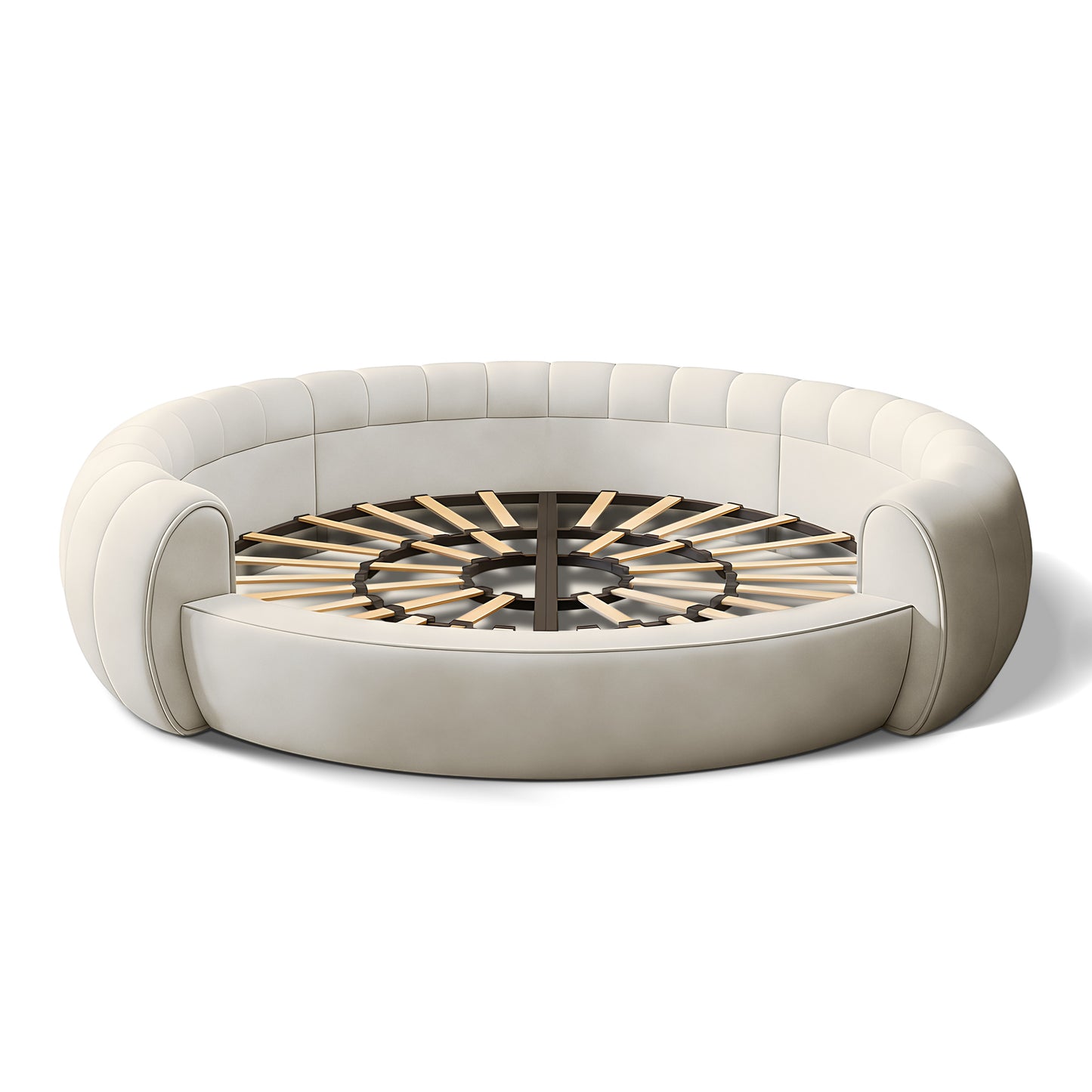 Urban Ashram Dream Lounger round movie bed in cream fabric with a circular wooden slat base for luxury comfort.