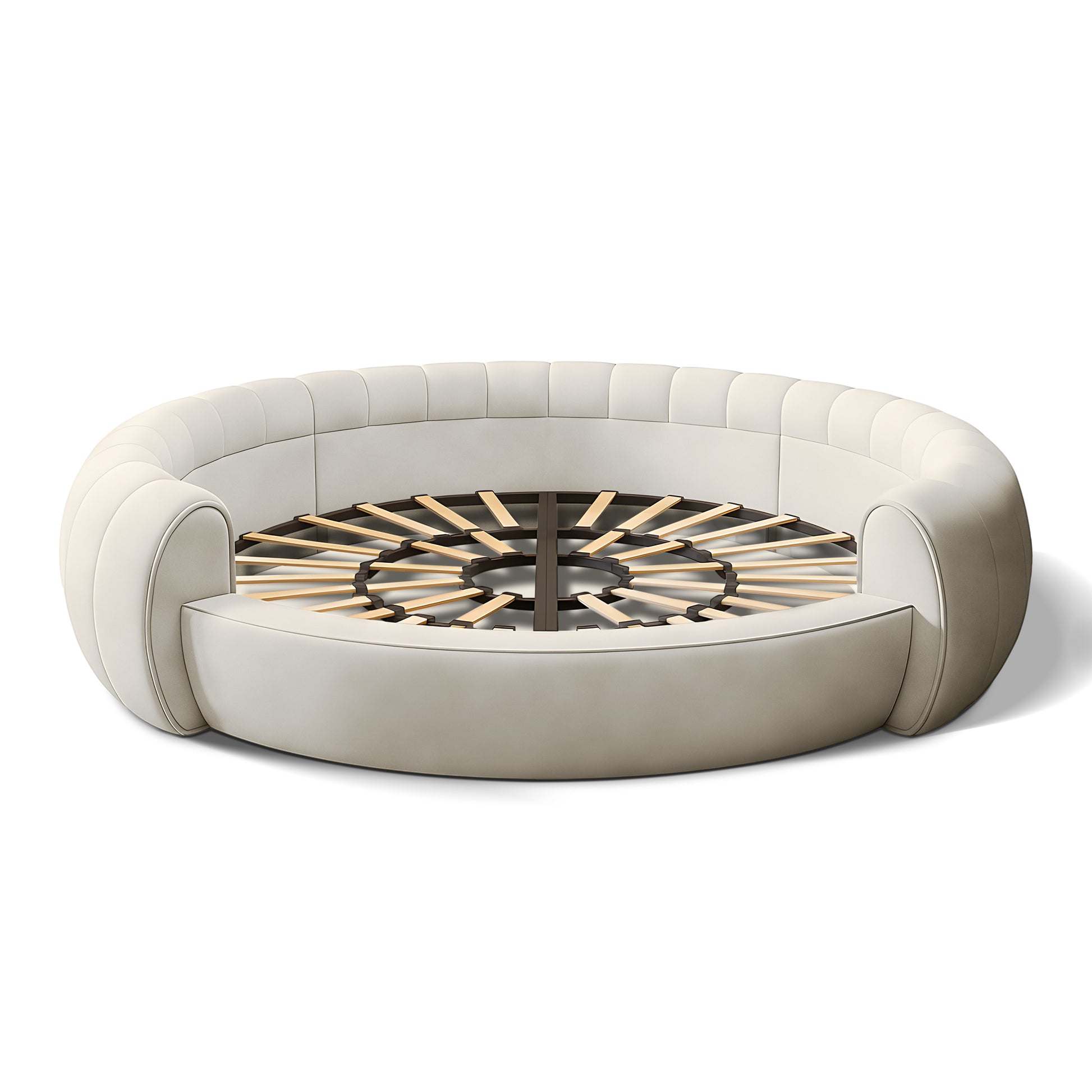Urban Ashram Dream Lounger round movie bed in cream fabric with a circular wooden slat base for luxury comfort.