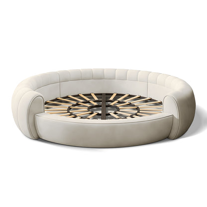 Urban Ashram Dream Lounger round movie bed in cream fabric with a circular wooden slat base for luxury comfort.