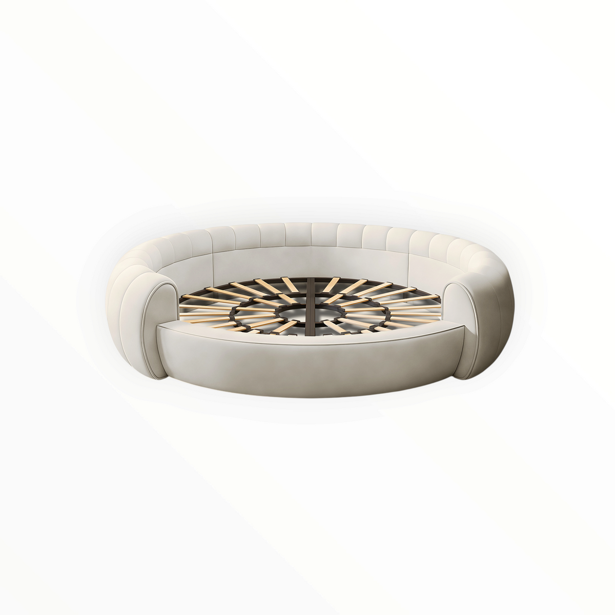 Urban Ashram Dream Lounger round movie bed in cream fabric with a circular wooden slat base for luxury comfort.