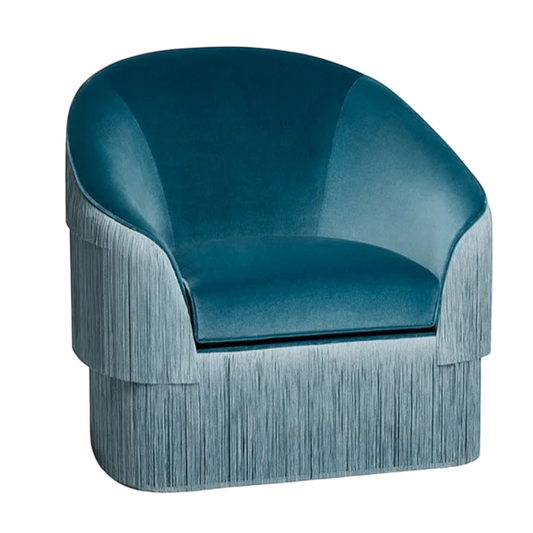 Urban Ashram Atelier fringe armchair in rich teal velvet with elegant cascading side fringe and curved backrest.
