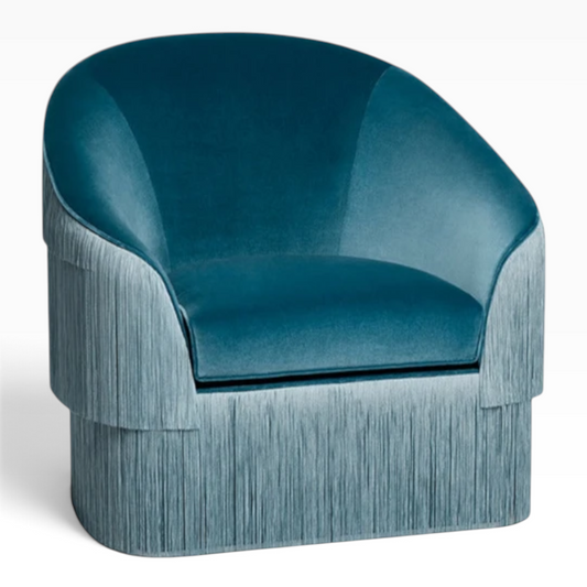 Urban Ashram Atelier fringe armchair in rich teal velvet with elegant cascading side fringe and curved backrest.
