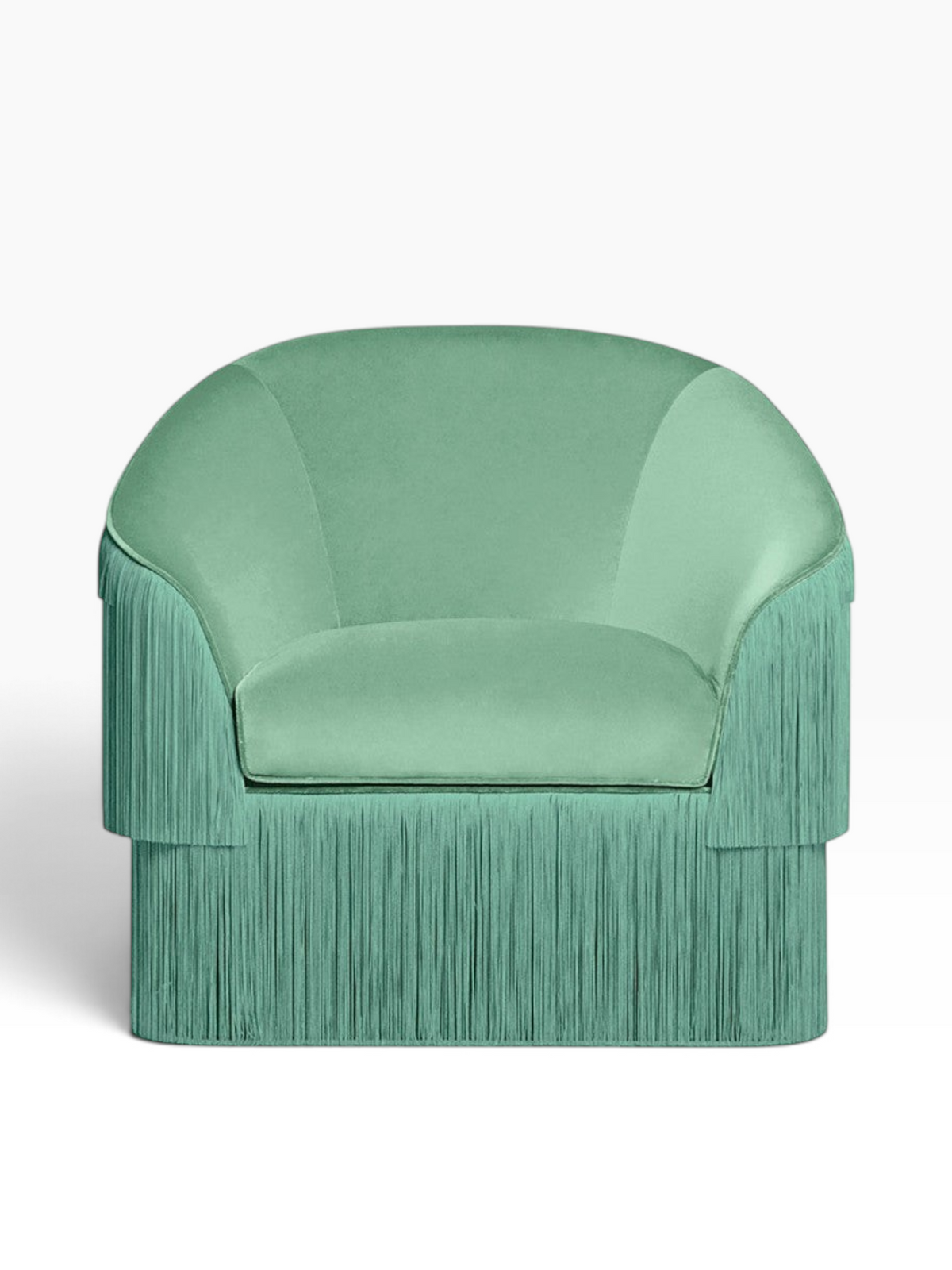 Urban Ashram Atelier fringe armchair in teal velvet with a curved backrest and cascading side fringe detail.